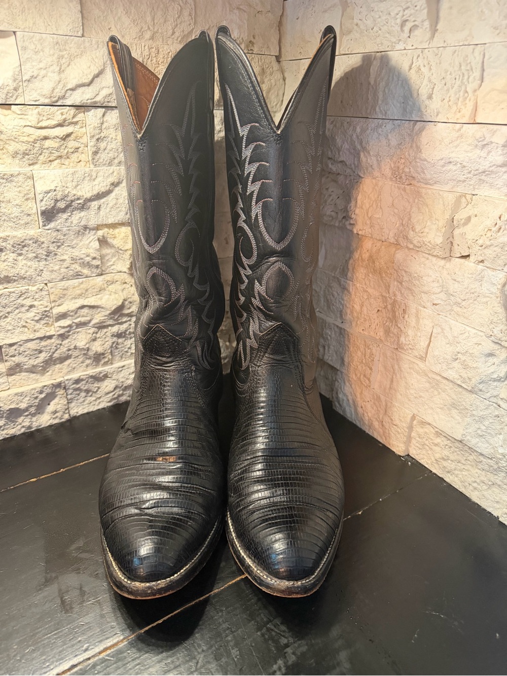 Vintage Nocona Men's Black Teju Lizard Cowboy Boots Stitched Made in USA Sz 8 EE